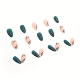 Green Elegance Almond Nails β Glossy Leaves & Gold Lines (24PCs)
