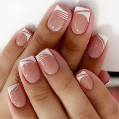 Geometric Grace – 24pcs Nude French Square Nails with Patterns