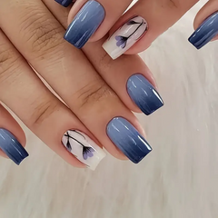 Ocean Bloom – 24pcs Blue Gradient Nails with Floral Accents