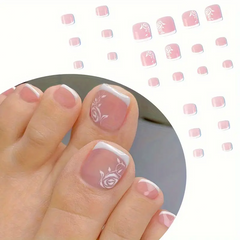 French Rose Elegance – 24pcs White Edge French Press-On Toenails