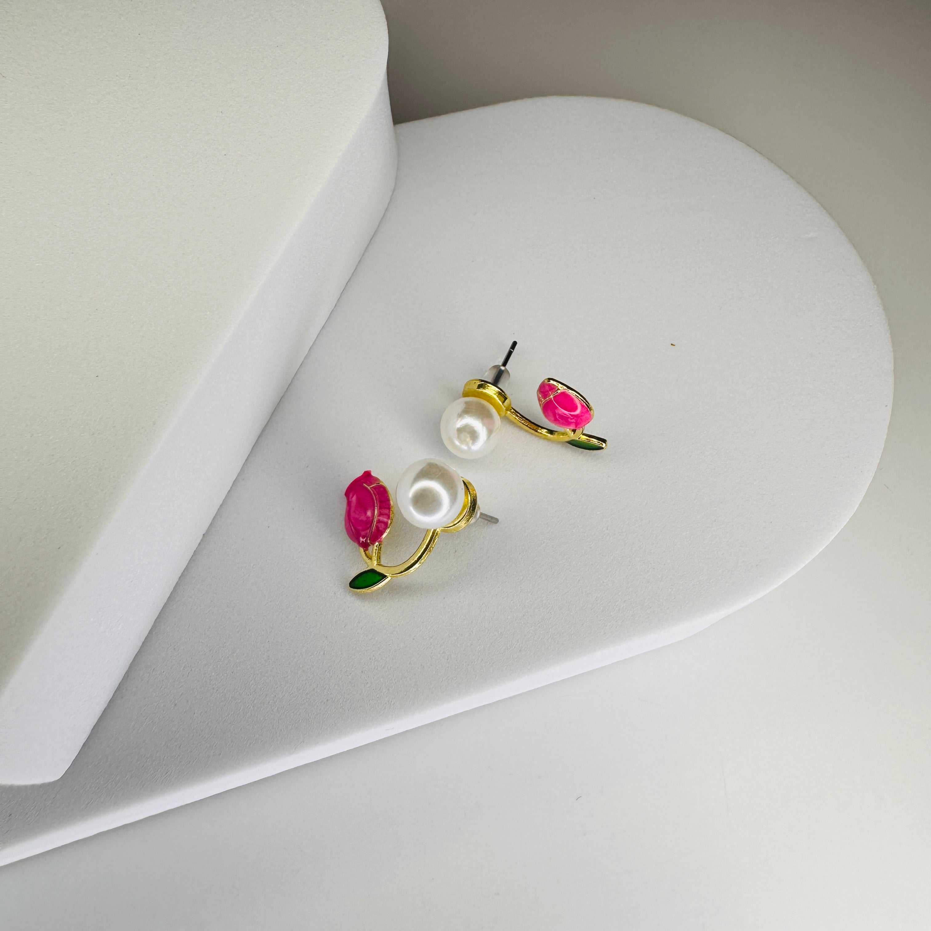 Ethereal Tulip Pearl Earrings Collection – Blush, Lavender, & Scarlet Elegance