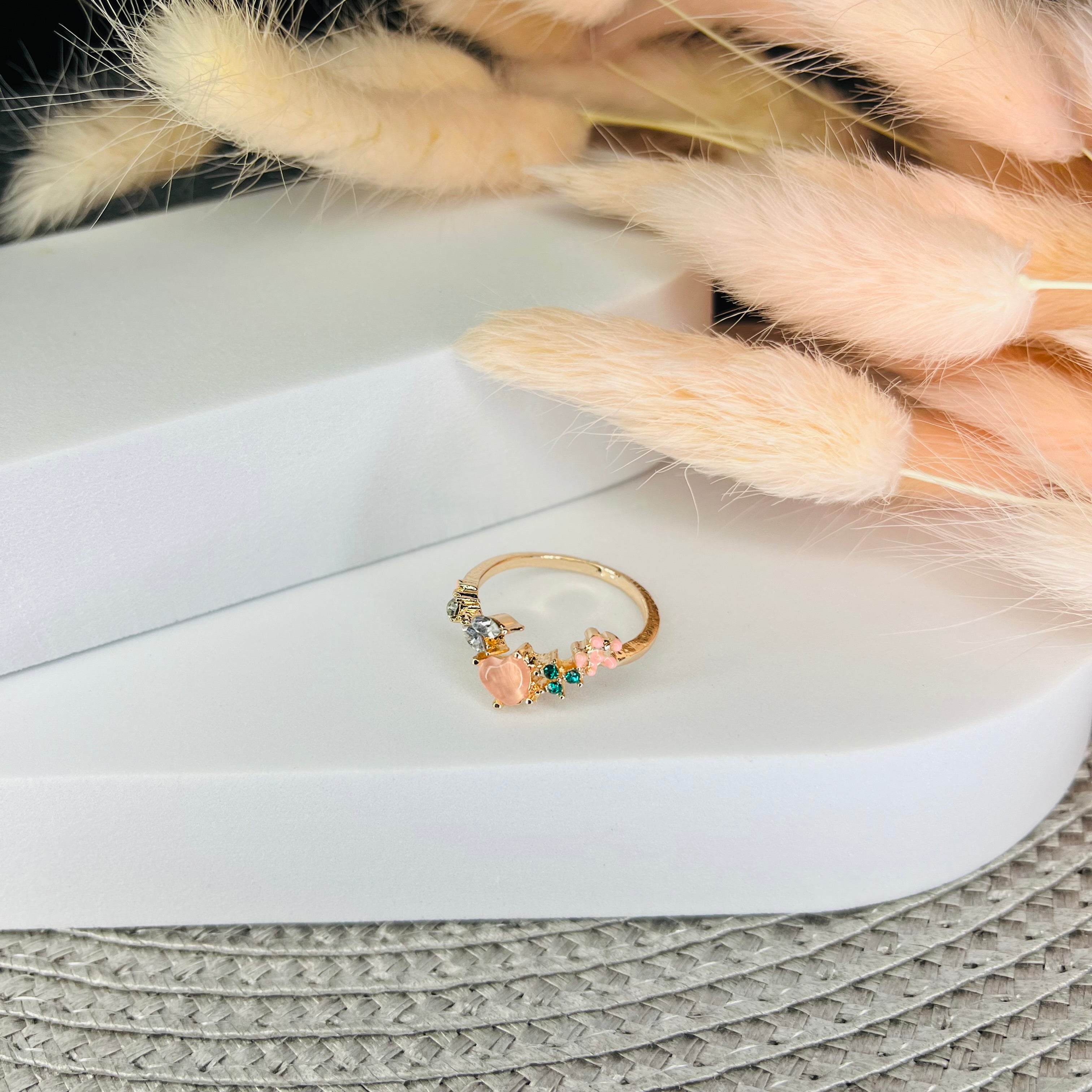 Adjustable Love & Flower Open Ring