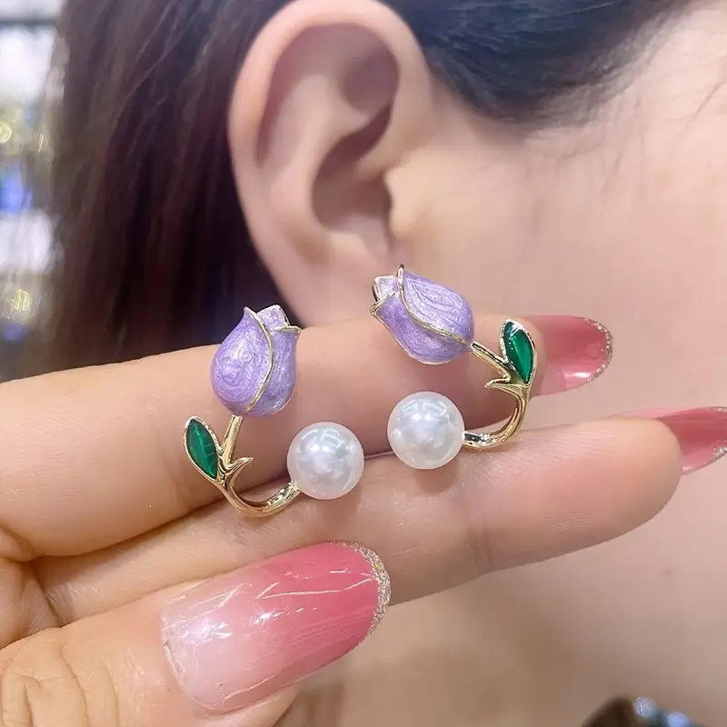 Ethereal Tulip Pearl Earrings Collection – Blush, Lavender, & Scarlet Elegance