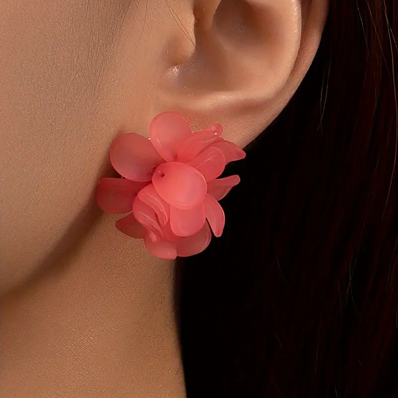 Elegant Acrylic Flower Stud Earrings (Green/Pink)