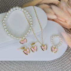 Whimsical Butterfly: 18K Gold-Plated Pink Faux Pearl Necklace, Bracelet, Ring & Earrings Set