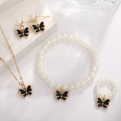 Whimsical Butterfly: 18K Gold-Plated Pink Faux Pearl Necklace, Bracelet, Ring & Earrings Set