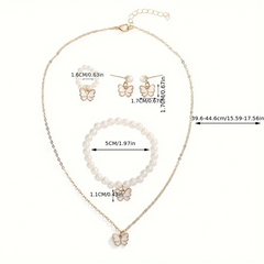 Whimsical Butterfly: 18K Gold-Plated Pink Faux Pearl Necklace, Bracelet, Ring & Earrings Set