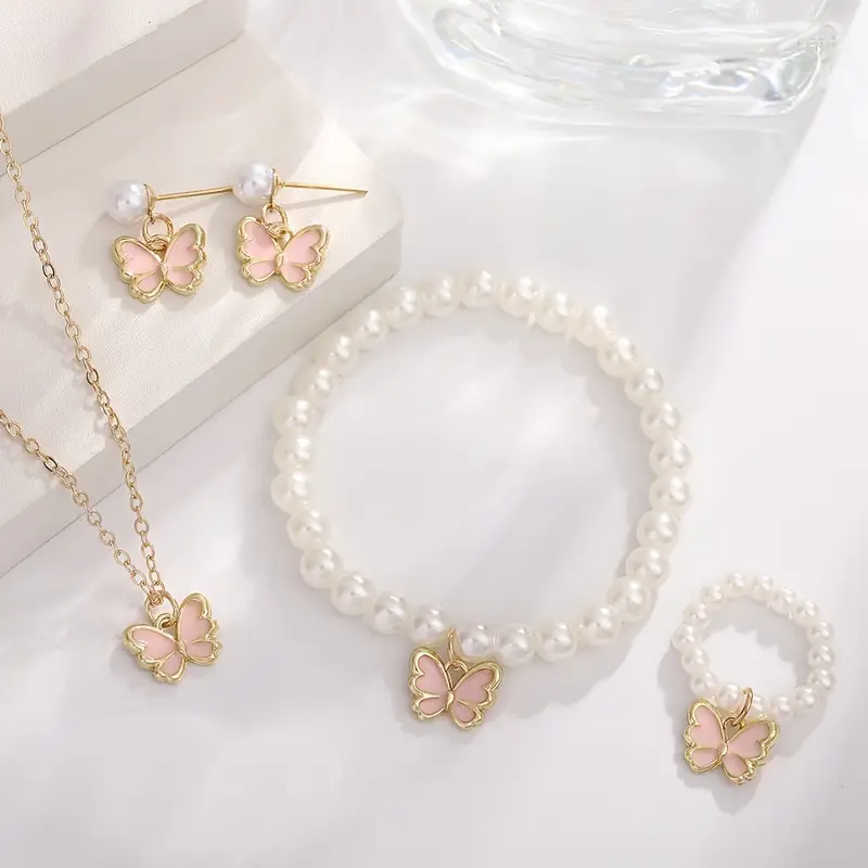 Whimsical Butterfly: 18K Gold-Plated Pink Faux Pearl Necklace, Bracelet, Ring & Earrings Set