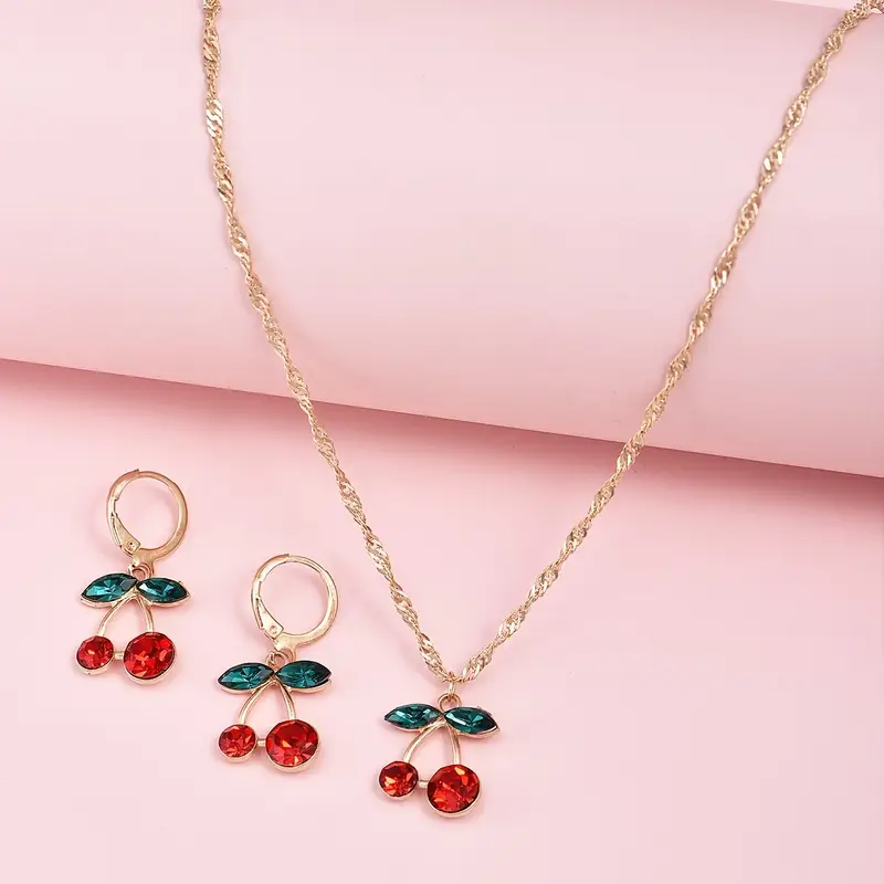 Cherry Blossom Crystal: Sweet Cherry Pendant Necklace & Earrings Set