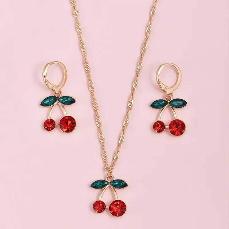 Cherry Blossom Crystal: Sweet Cherry Pendant Necklace & Earrings Set