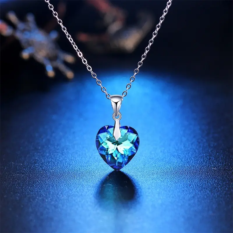 Romantic Blue Heart Crystal Necklace & Earrings Set