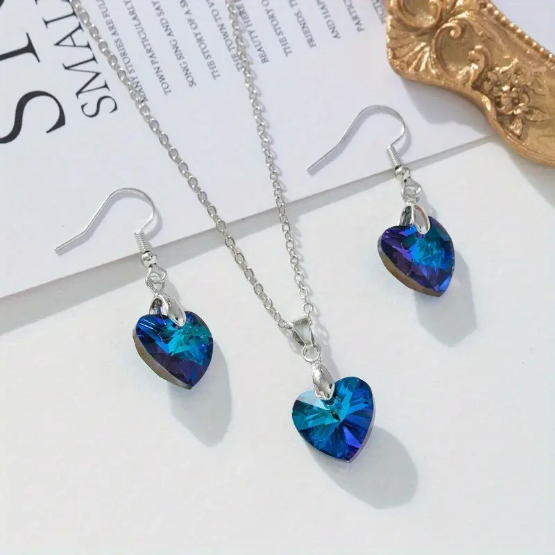 Romantic Blue Heart Crystal Necklace & Earrings Set