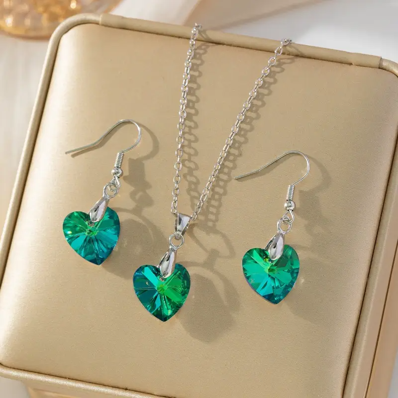 Romantic Blue Heart Crystal Necklace & Earrings Set