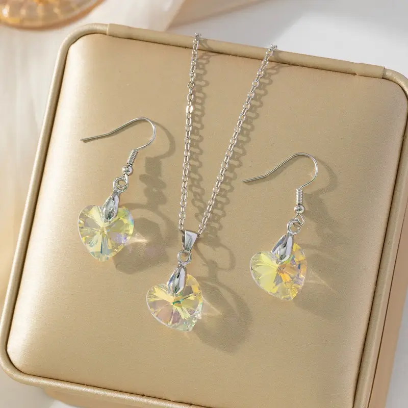 Romantic Blue Heart Crystal Necklace & Earrings Set