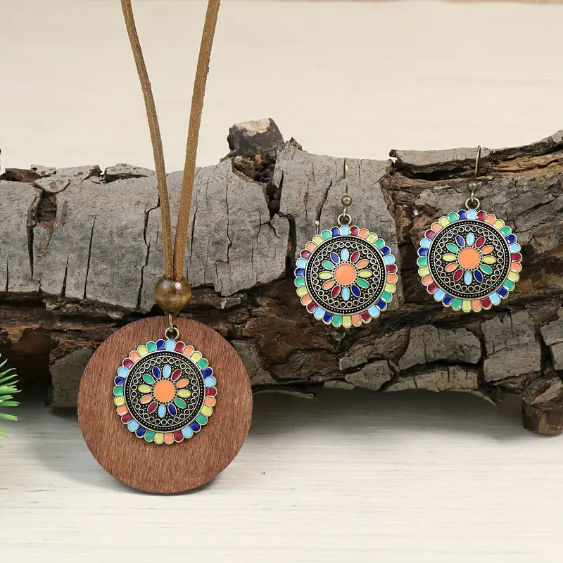 Bohemian Floral Pendant Necklace & Earrings Set