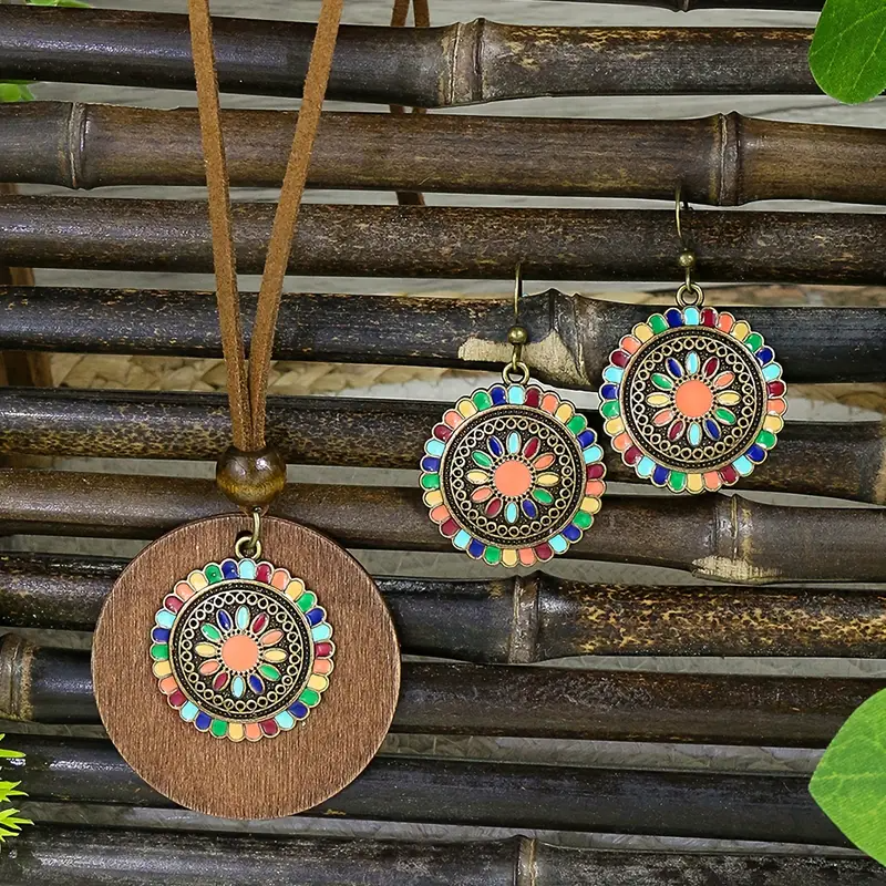 Bohemian Floral Pendant Necklace & Earrings Set