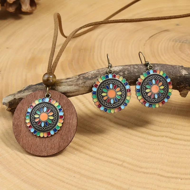 Bohemian Floral Pendant Necklace & Earrings Set