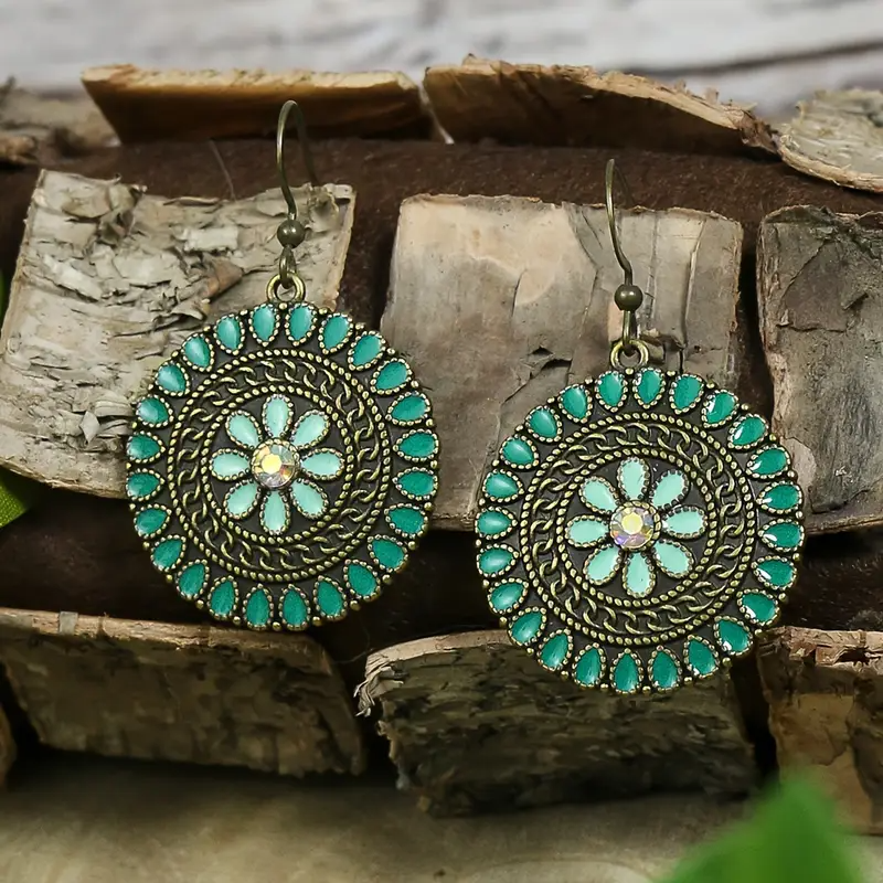 Vintage Bronze Boho Jewelry Set with Green Enamel