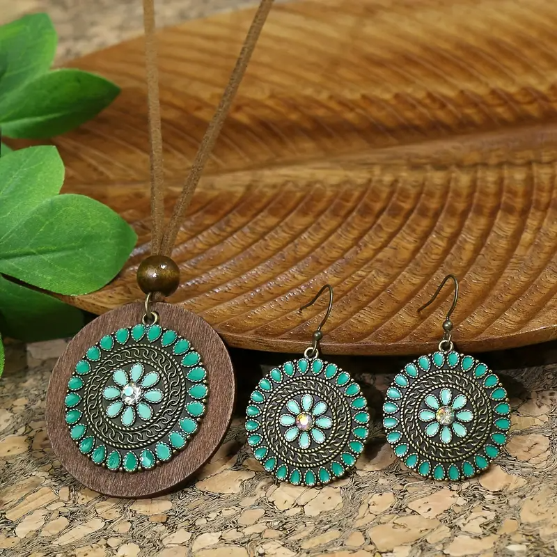 Vintage Bronze Boho Jewelry Set with Green Enamel