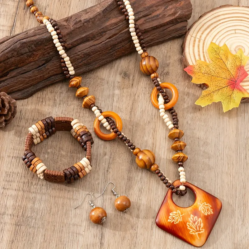 Wooden Beaded Boho Jewelry Set (3pcs)