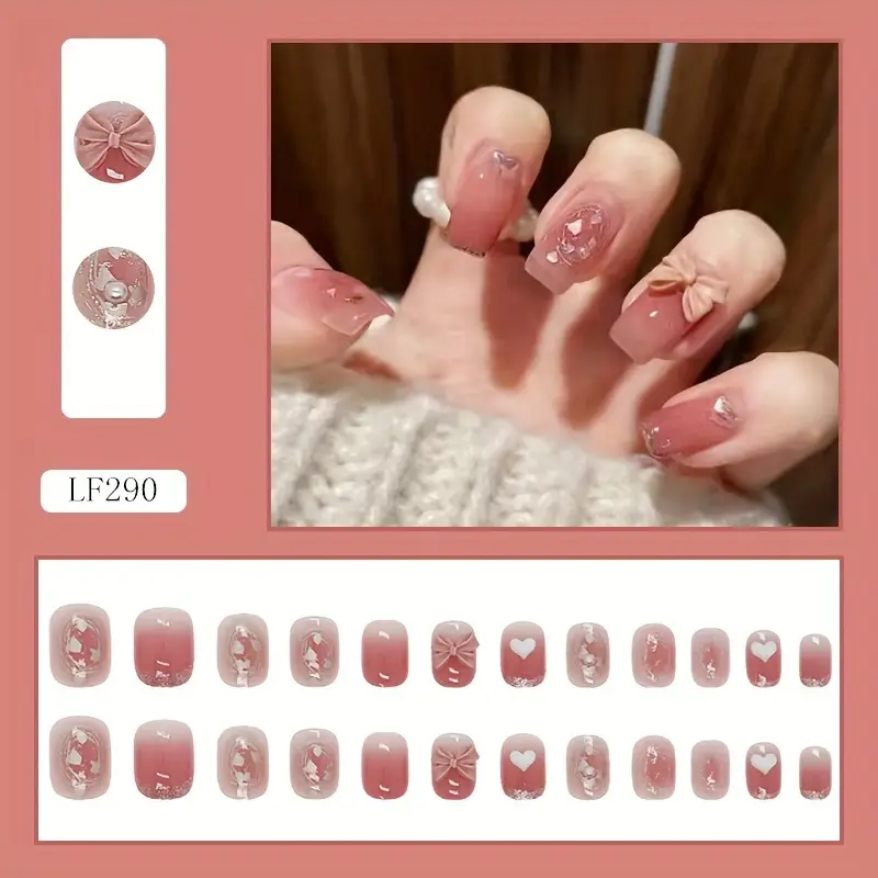 Pink Enchantment Press On Nails – 3D Glitter Heart & Bow Accents (24PCs)