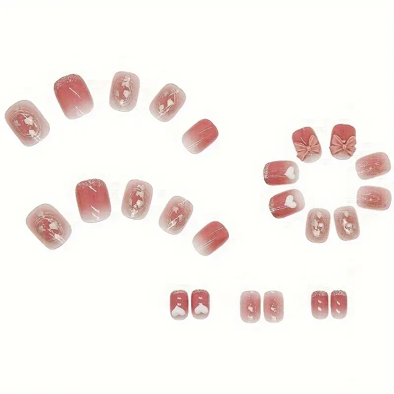 Pink Enchantment Press On Nails – 3D Glitter Heart & Bow Accents (24PCs)