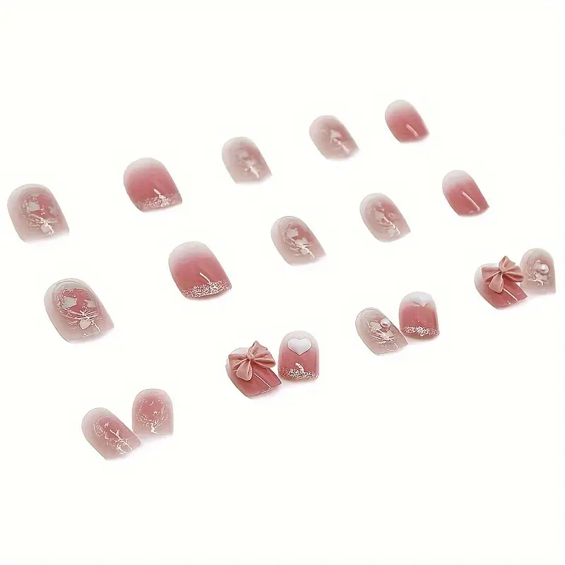 Pink Enchantment Press On Nails – 3D Glitter Heart & Bow Accents (24PCs)