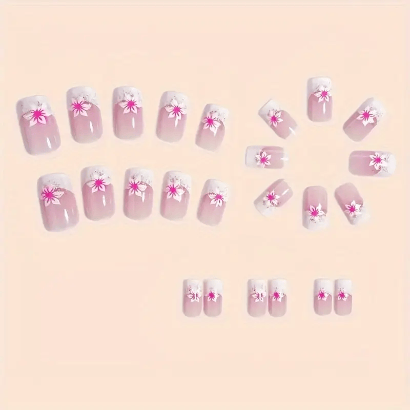 Blossom Gleam Press On Nails – Pink Floral & Sparkle Accents (24PCs)