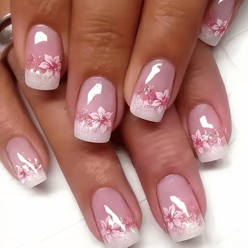 Blossom Gleam Press On Nails – Pink Floral & Sparkle Accents (24PCs)