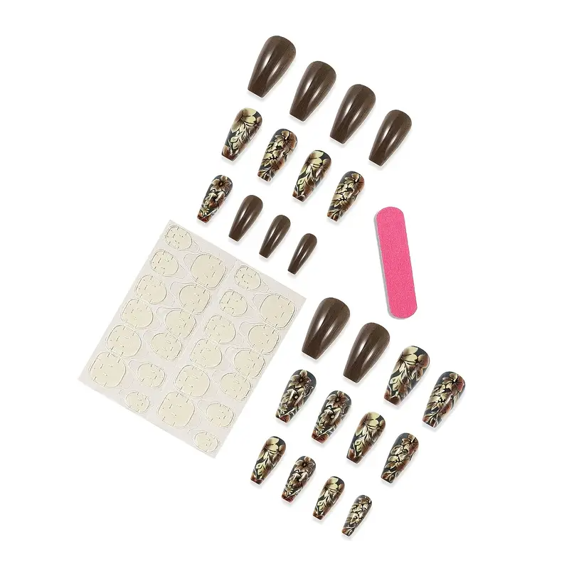 Golden Mocha Ballet Nails – Glossy Coffee with Floral Accents (24PCs)