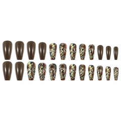 Golden Mocha Ballet Nails – Glossy Coffee with Floral Accents (24PCs)