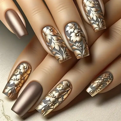 Golden Mocha Ballet Nails – Glossy Coffee with Floral Accents (24PCs)