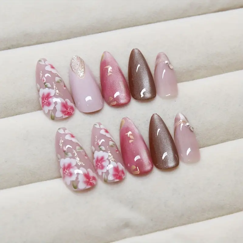 Peach Bloom Cat Eye Nails – Floral Medium Square Press-On (24PCs)