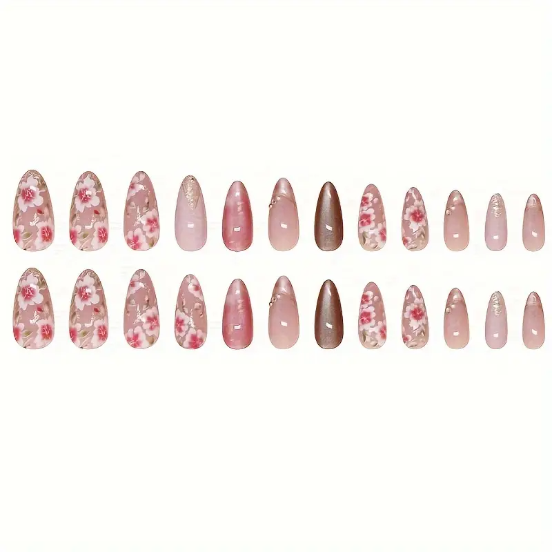 Peach Bloom Cat Eye Nails – Floral Medium Square Press-On (24PCs)