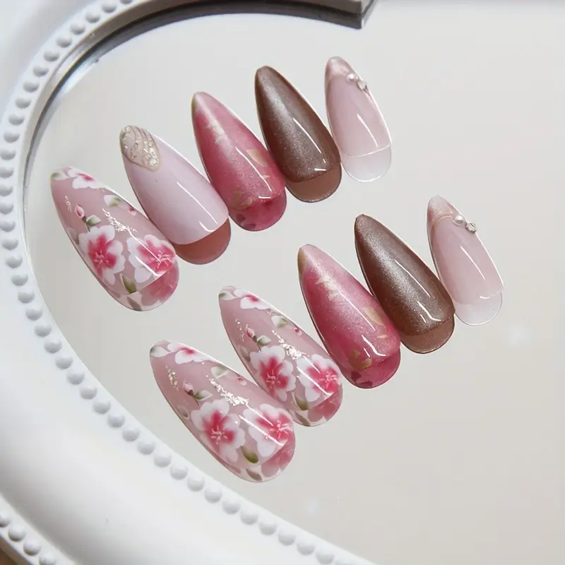 Peach Bloom Cat Eye Nails – Floral Medium Square Press-On (24PCs)