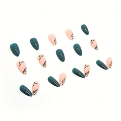 Green Elegance Almond Nails – Glossy Leaves & Gold Lines (24PCs)