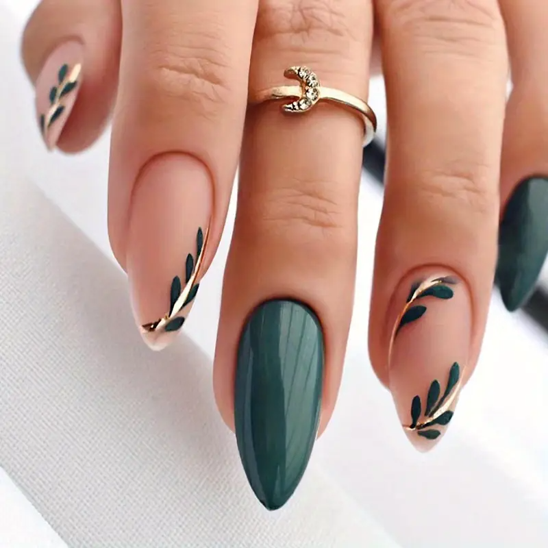 Green Elegance Almond Nails – Glossy Leaves & Gold Lines (24PCs)