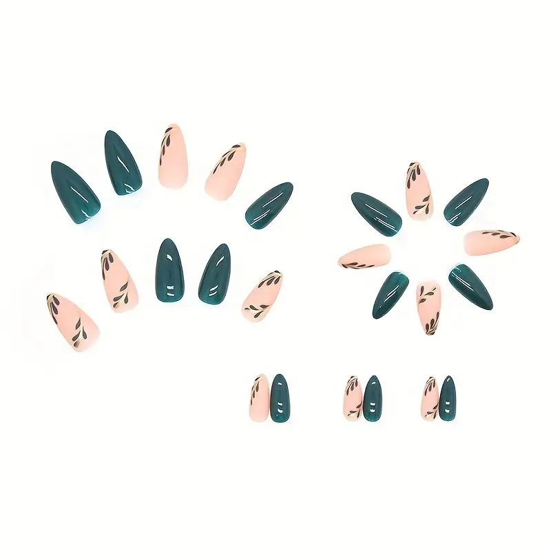 Green Elegance Almond Nails – Glossy Leaves & Gold Lines (24PCs)