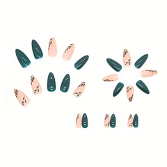 Green Elegance Almond Nails – Glossy Leaves & Gold Lines (24PCs)