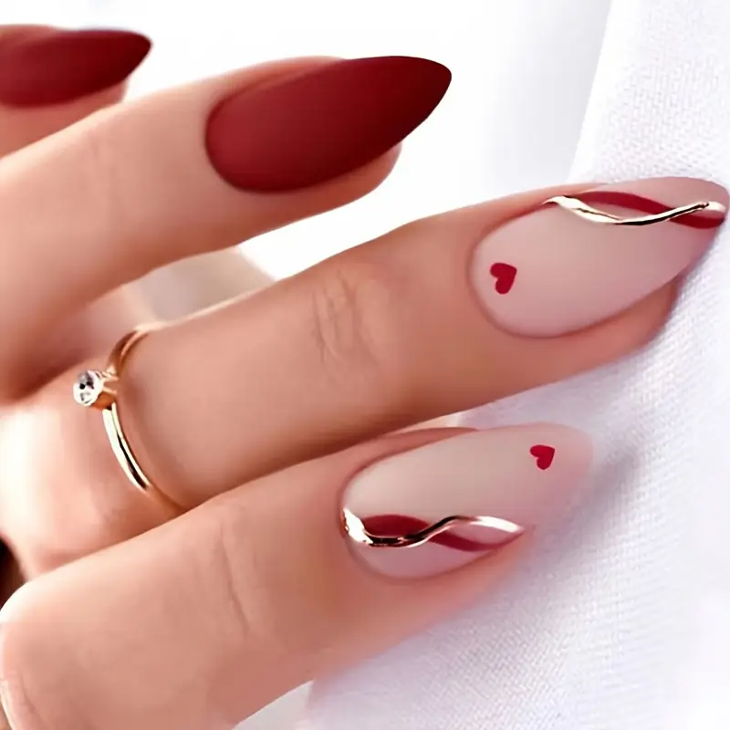 Love Scarlet Almond Nails – Valentine Red with Hearts (24PCs)