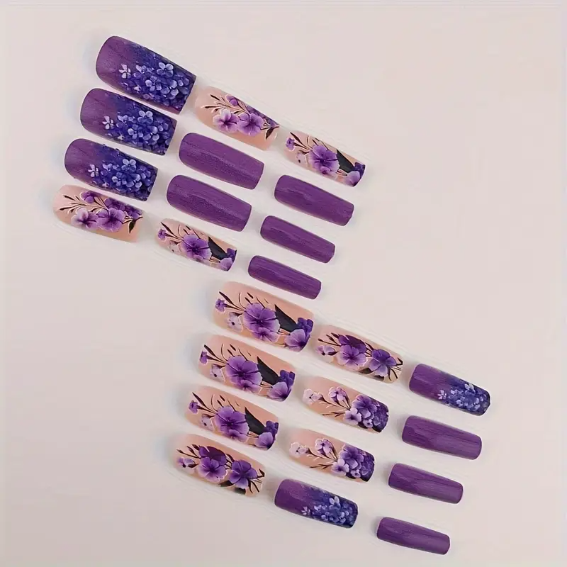 Purple Floral Square Press-On Nails (24pcs)