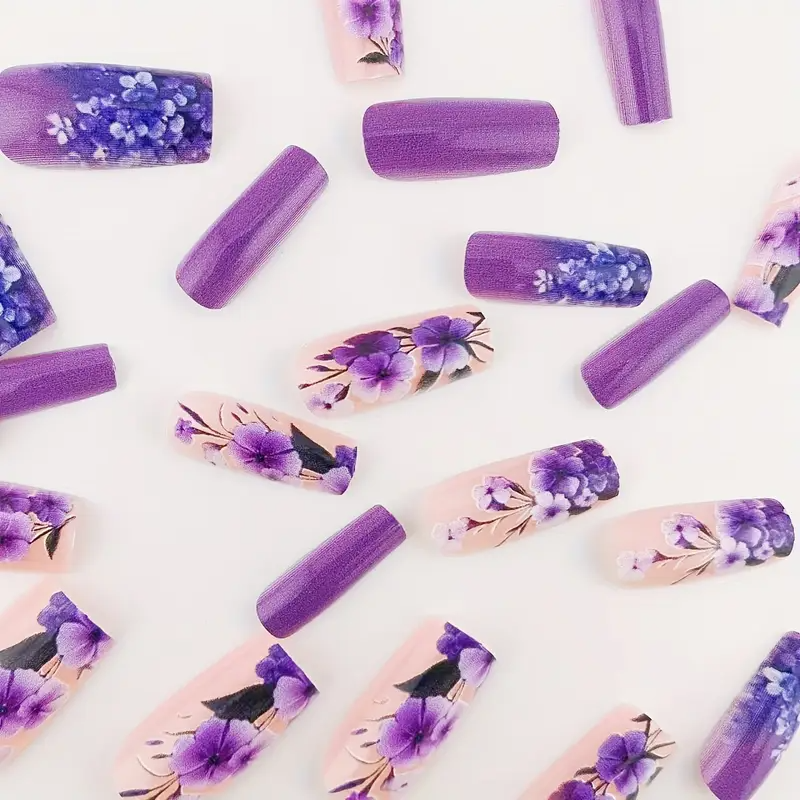 Purple Floral Square Press-On Nails (24pcs)