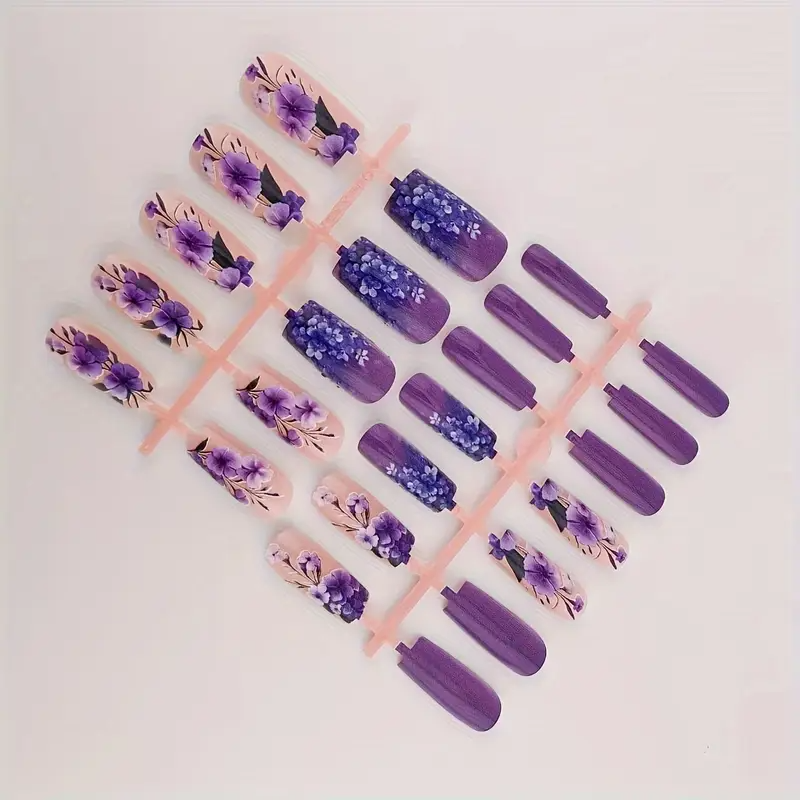 Purple Floral Square Press-On Nails (24pcs)