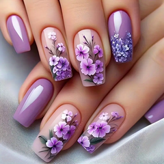 Purple Floral Square Press-On Nails (24pcs)