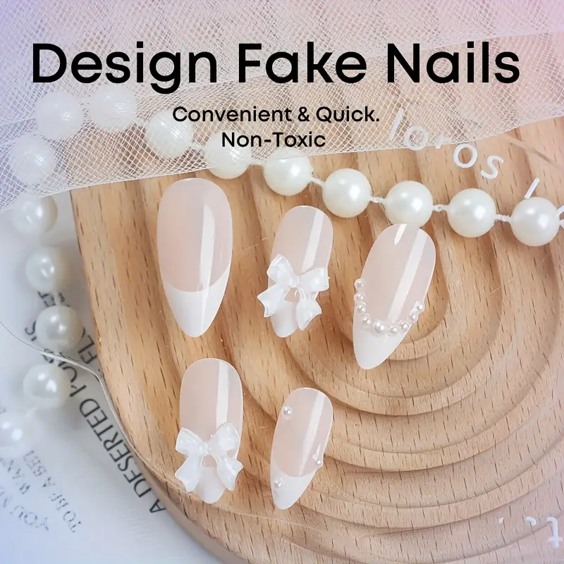 Sweet French Almond Press-On Nails with Faux Pearls (24pcs)