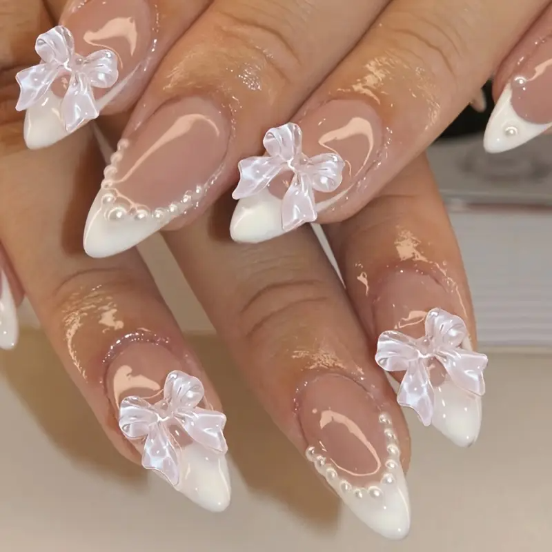 Sweet French Almond Press-On Nails with Faux Pearls (24pcs)