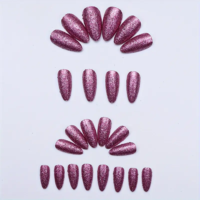 Dark Purple Almond Fake Nails with Glitter (24pcs)