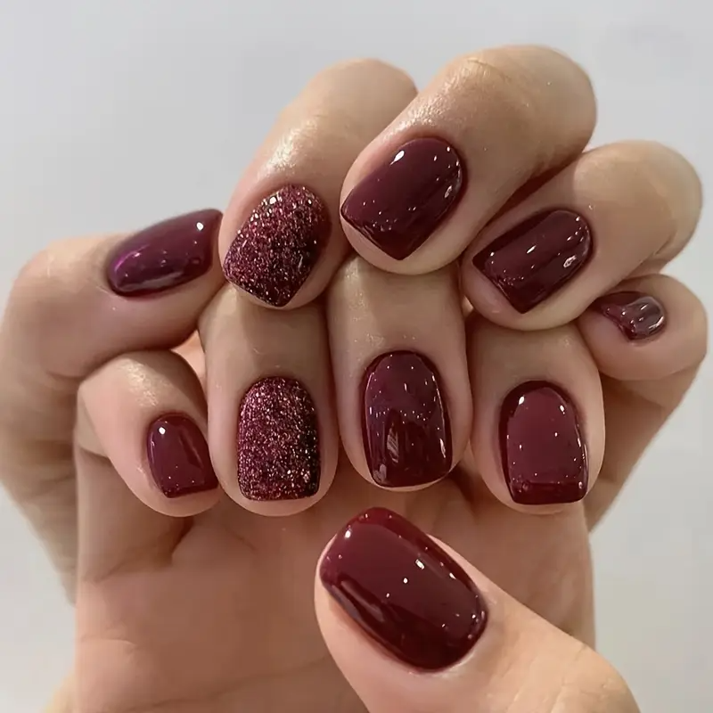 Burgundy Bling Glitter Square Nails (24pcs)