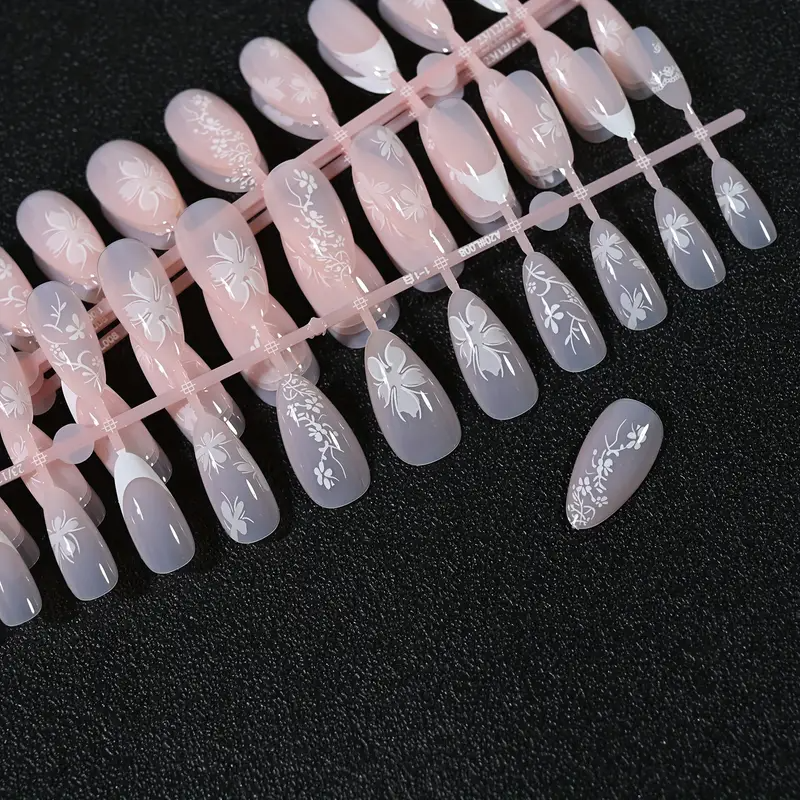 Whispering Petals – French Almond-Stiletto Floral Press-Ons