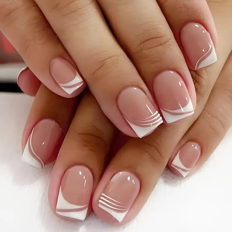 Geometric Grace – 24pcs Nude French Square Nails with Patterns